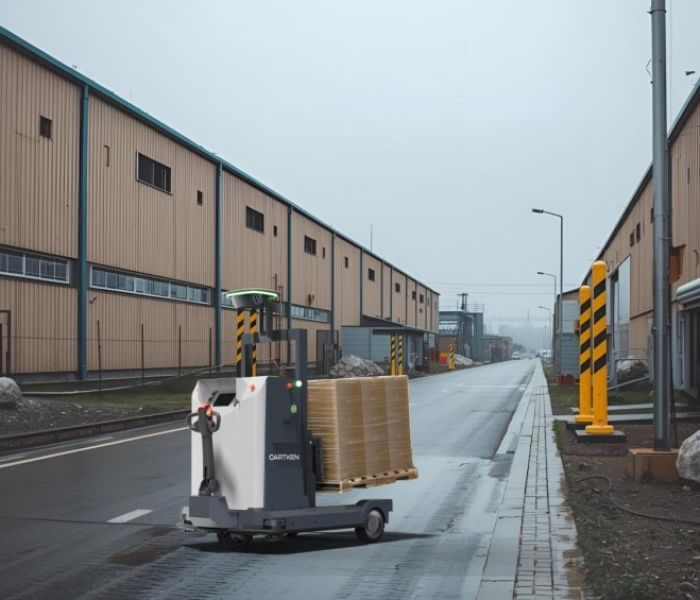 Autonomer Cartken Mover-Palettenhubwagen navigiert bei tr&uuml;bem Wetter. (Foto: Cartken GmbH)